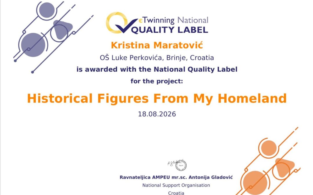 eTwinning projekt Historical Figures From My Homeland nagrađen Nacionalnom oznakom kvalitete